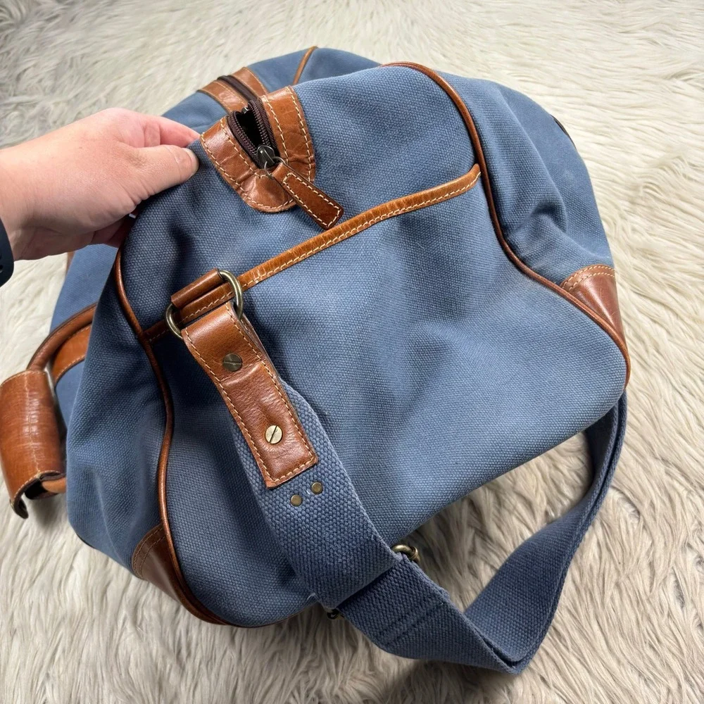 Vintage Fossil Blue Canvas Brown Leather Duffle Bag Travel Classic Preppy Retro
